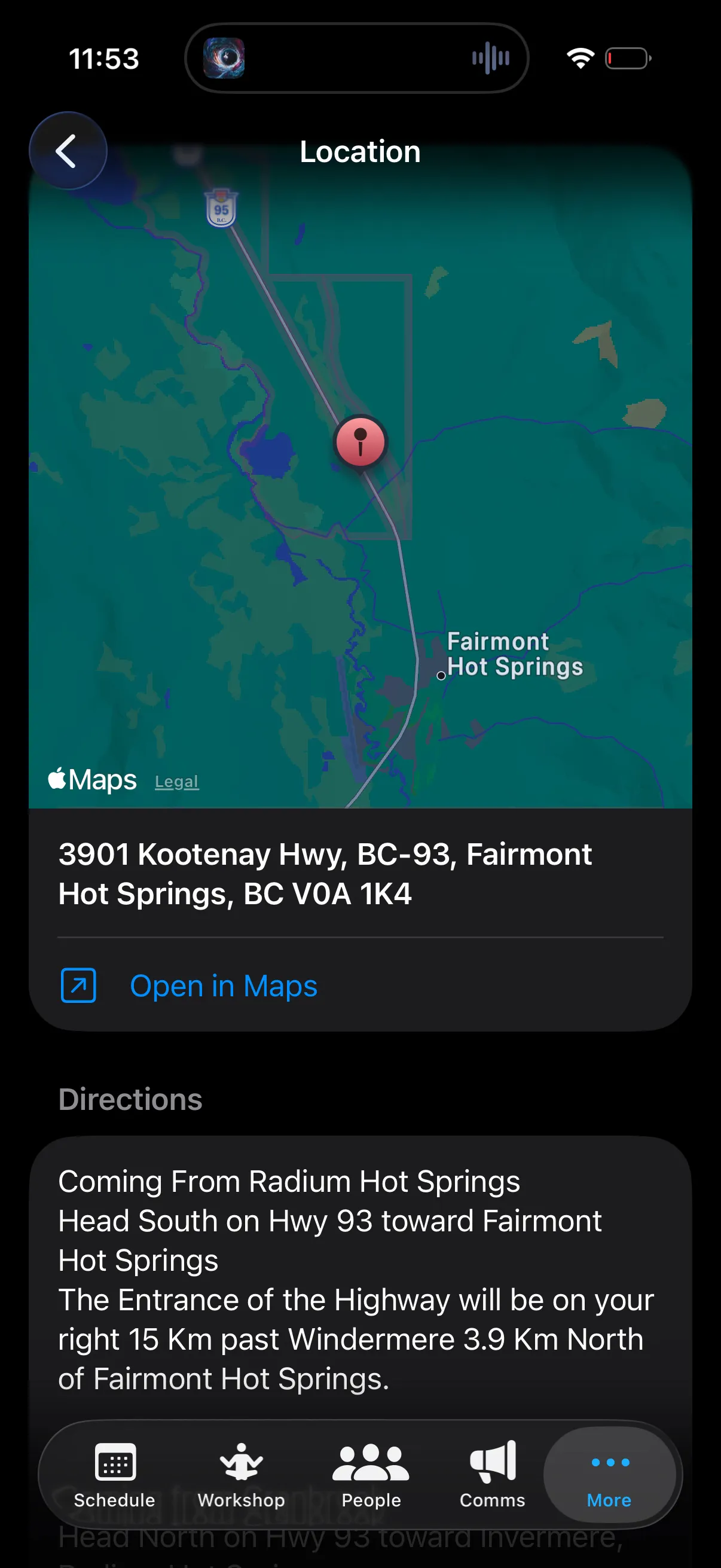 A screenshot of the Open Music Event app, showing the Location feature. It displays a map, an open in maps button, and event provided directions to the site.